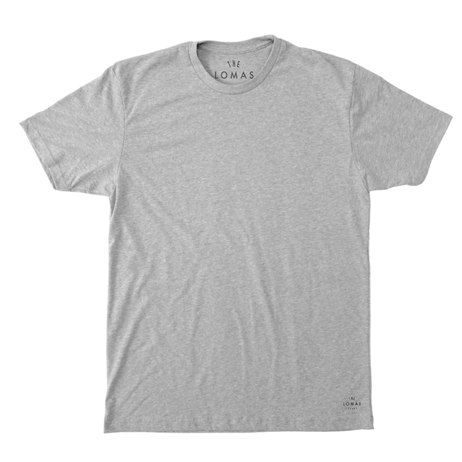 Photo of a flat grey soft t-shirt with a black "THE LOMAS BRAND" written in a stylized circle on the lower left of the shirt. The shirt is blank otherwise.