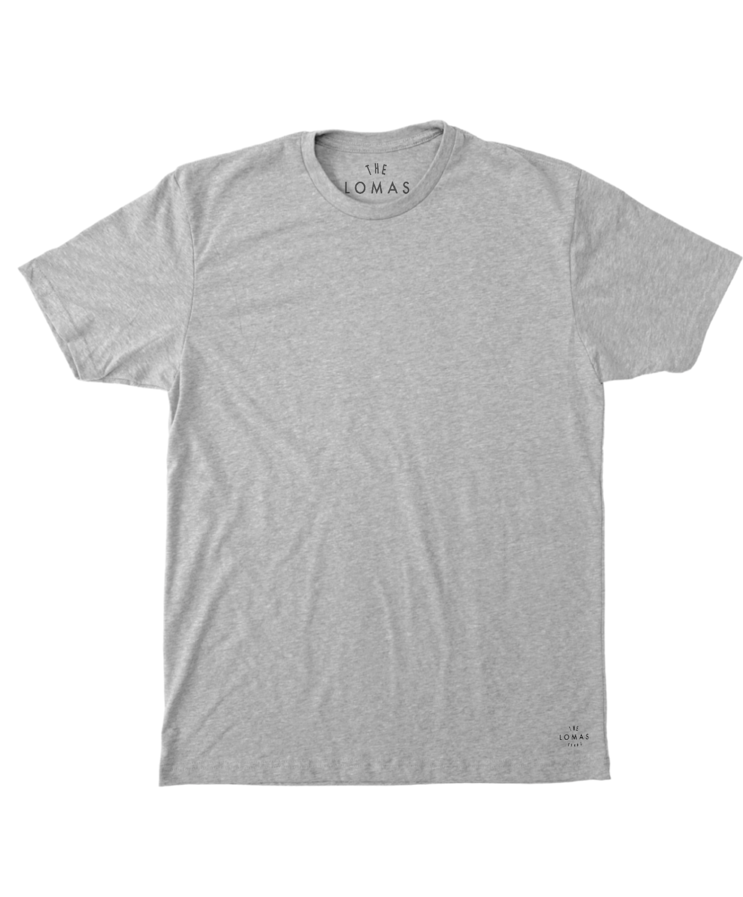 Photo of a flat grey soft t-shirt with a black "THE LOMAS BRAND" written in a stylized circle on the lower left of the shirt. The shirt is blank otherwise.