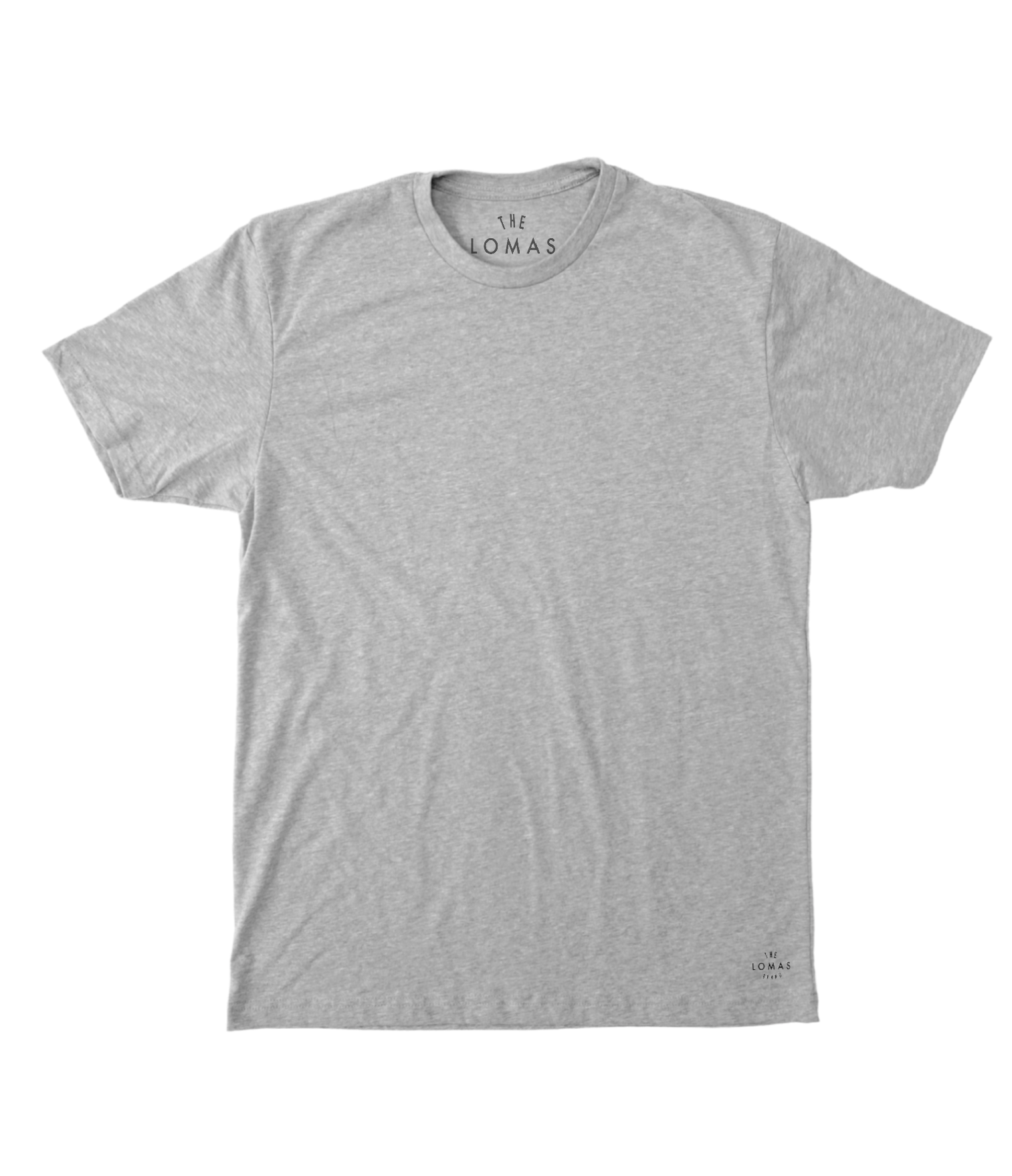 Photo of a flat grey soft t-shirt with a black "THE LOMAS BRAND" written in a stylized circle on the lower left of the shirt. The shirt is blank otherwise.