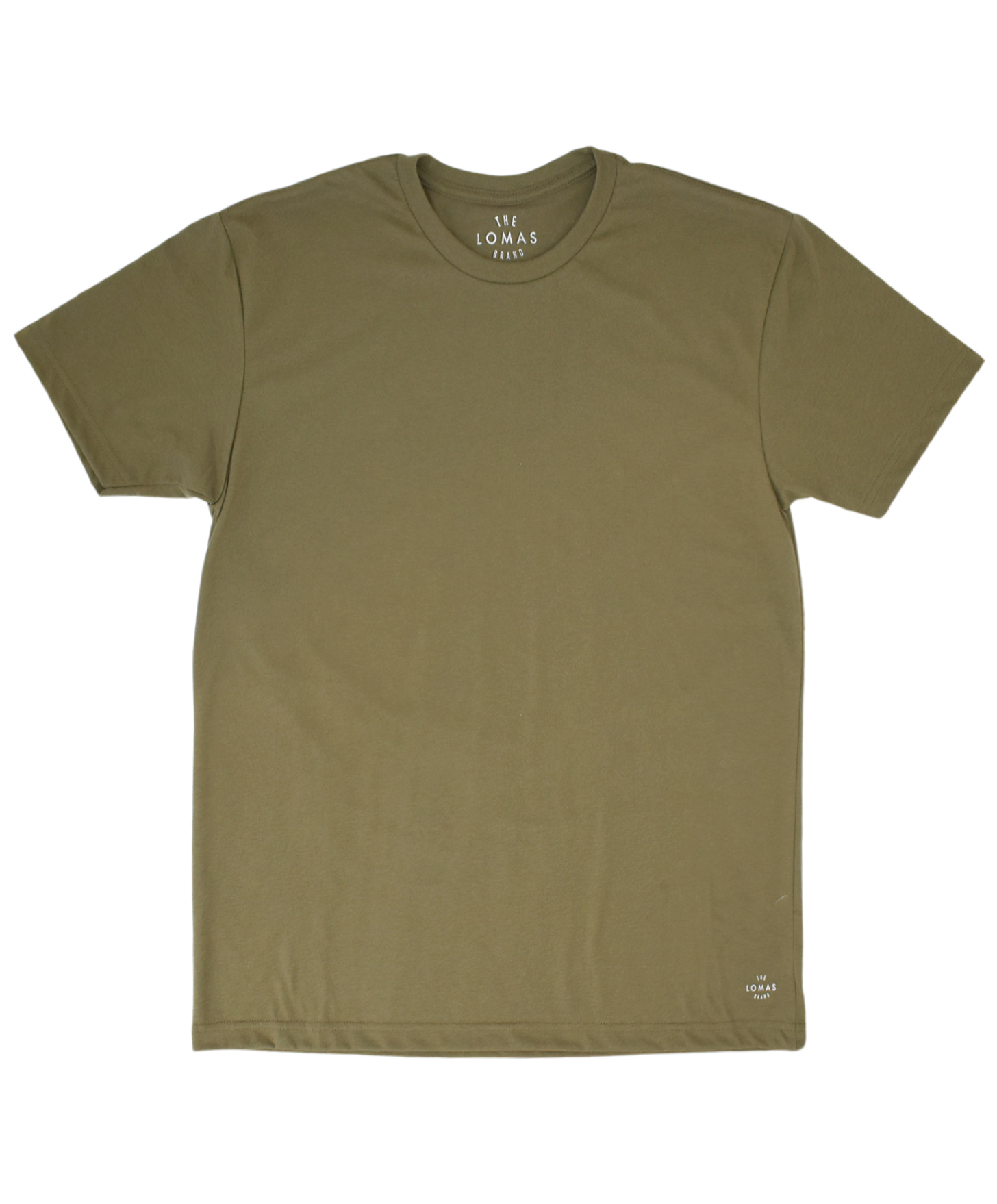 Photo of a flat army green soft t-shirt with a white "THE LOMAS BRAND" written in a stylized circle on the lower left of the shirt. The shirt is blank otherwise.