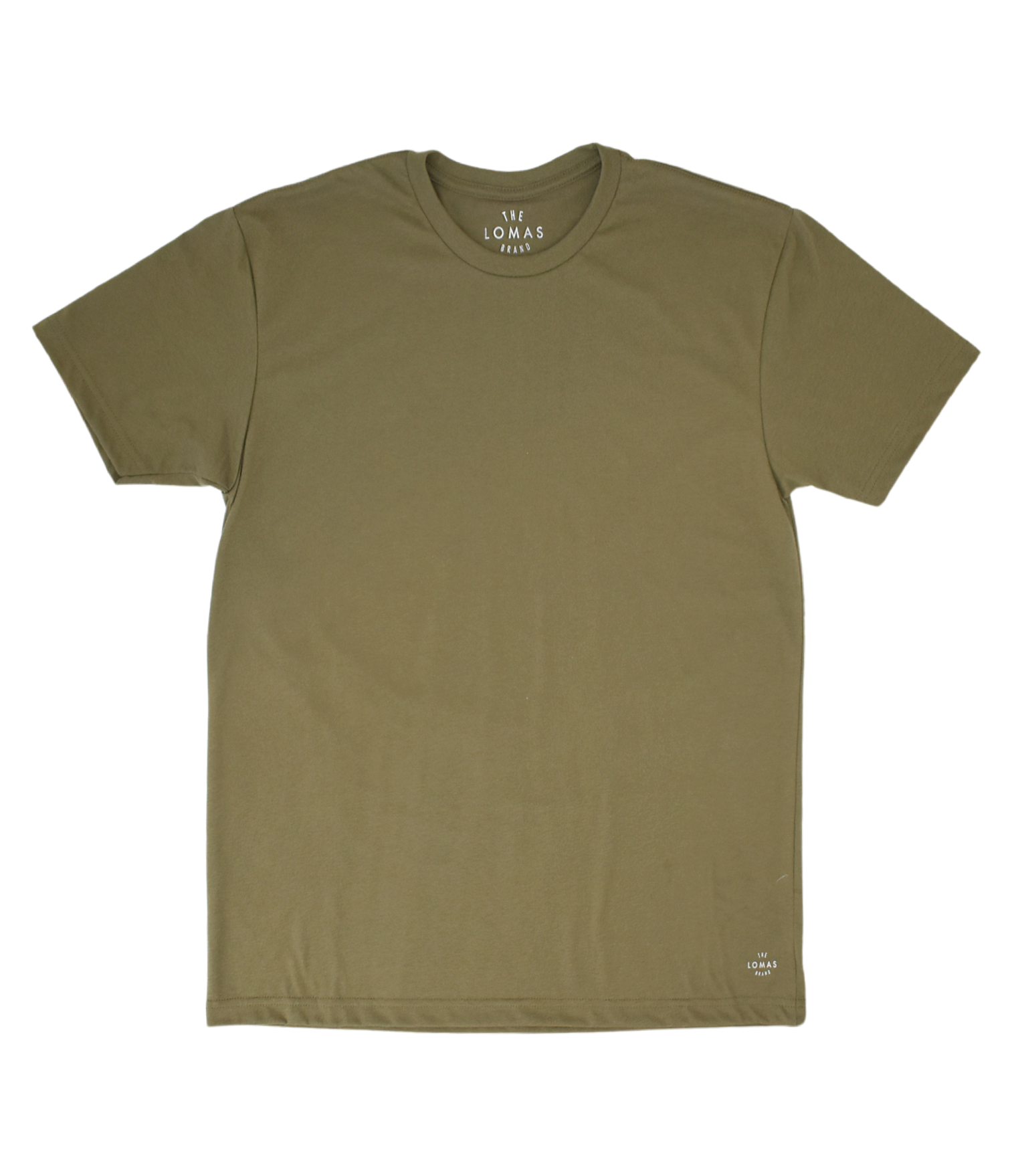 Photo of a flat army green soft t-shirt with a white "THE LOMAS BRAND" written in a stylized circle on the lower left of the shirt. The shirt is blank otherwise.