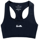 Flat shot of a black sports bra with a white icon showing a saguaro cactus, a bird, and a rising sun in white.