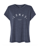 Fashioned with cap sleeves, this women's top showcases an archway logotype in a crisp white hue that reads 'Lomas'. Beneath the curved insignia, the location 'San Diego, CA' and establishment year 'est. 2015' are prominently displayed.