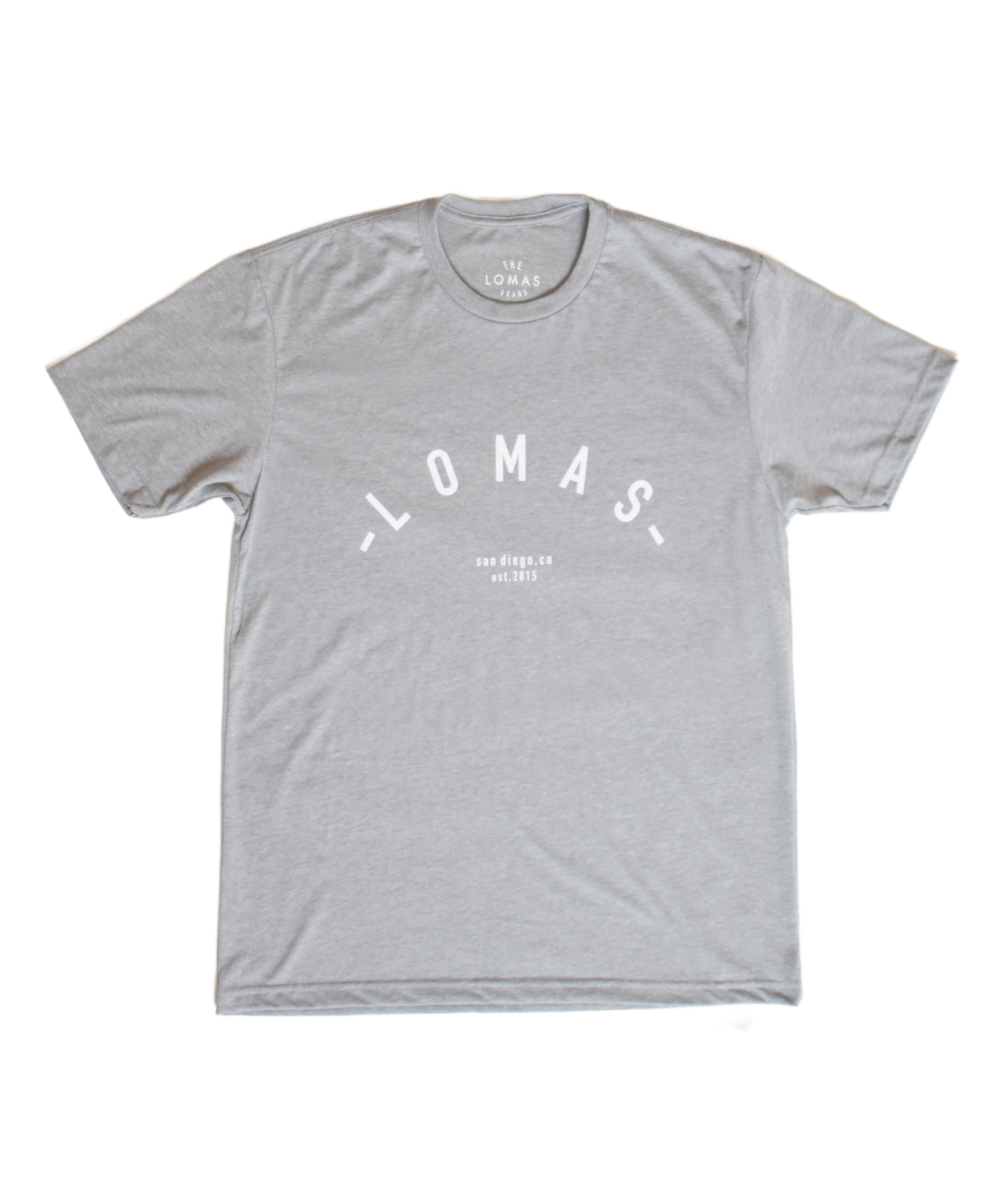 Grey mens super soft and comfortable t-shirt with 'Lomas' arch logo in white, 'San Diego, CA' 'est. 2015' under the arch.