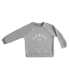 Soft and comfortable grey crew neck sweatshirt for toddlers. The sweatshirt has a white arch shaped 'Lomas' written in all caps, 'San Diego, CA' 'est. 2015' under the arch.