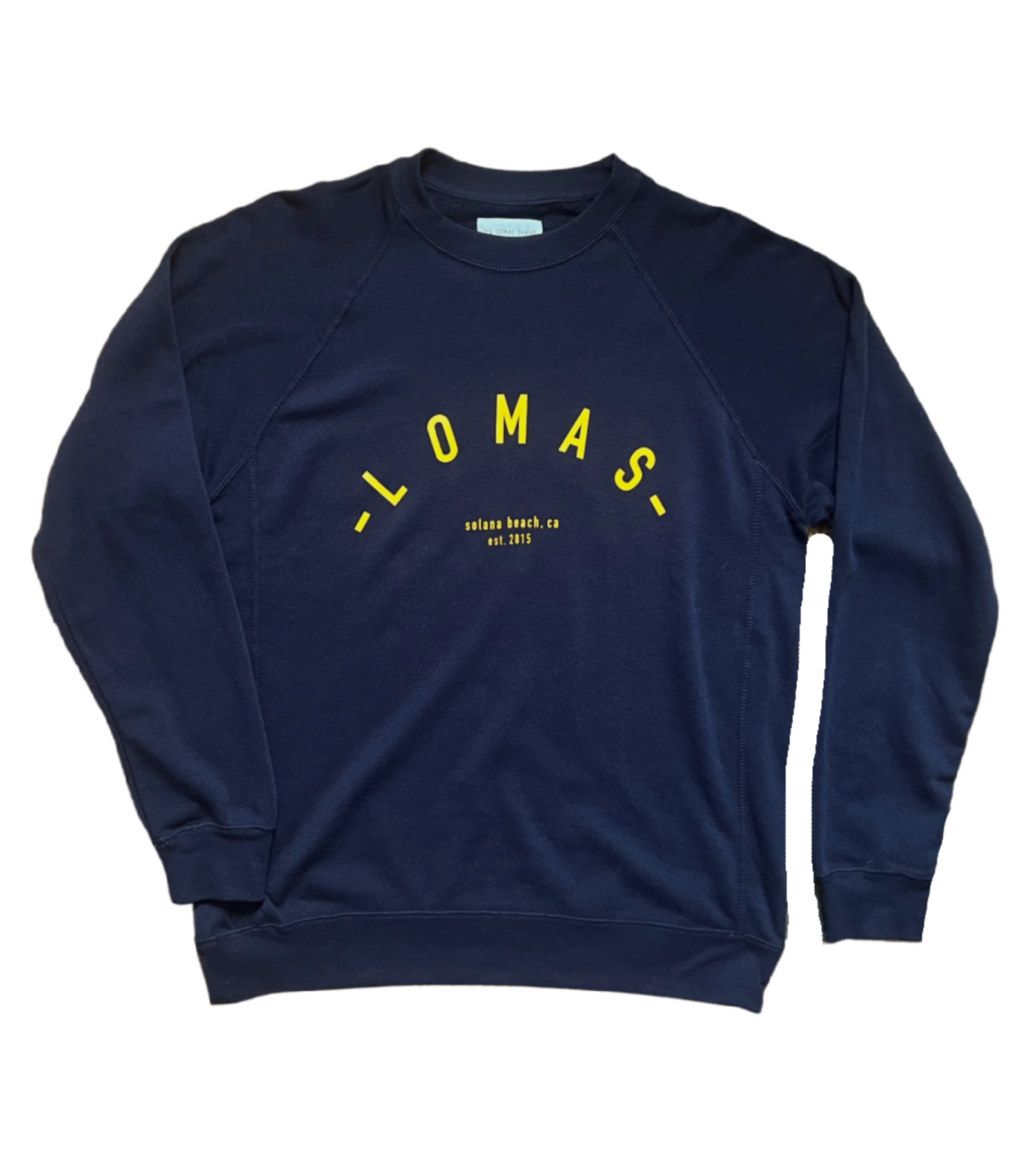 Navy Crewneck sweatshirt with yellow/gold lettering that says "Lomas" and "Solana Beach, CA, EST 2015" The Lomas Brand