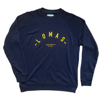 Navy Crewneck sweatshirt with yellow/gold lettering that says "Lomas" and "Solana Beach, CA, EST 2015" The Lomas Brand