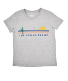 Flat photo of a grey t-shirt with a classic Lomas Brand logo featuring a saguaro cactus, a bird, and the rising sun. The printed colors are navy, orange, green, and yellow.