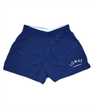 Short and cheeky blue shirts featuring an arched 'Lomas' written on the lower left of the front leg in white. Below the arch 'By One for a Community of One' in smaller font, also in white. 