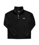 Flat shot of the softest looking black quarter zip sweater you could imagine. The sweater features a small white logo on the upper left chest with a cactus, a bird, and a rising sun.
