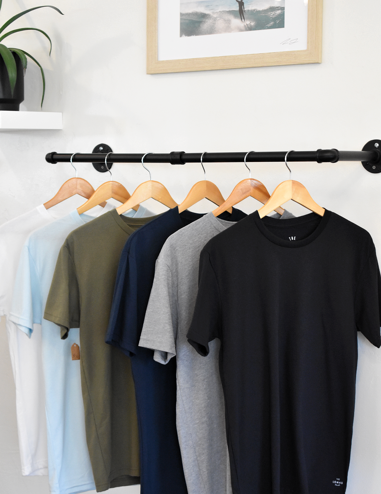 Assorted colored shirts (white, blue, army green, navy, grey, and black) hanging on wooden hangers.  A framed photo and a plant are in the background. 