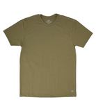 Photo of a flat army green soft t-shirt with a white "THE LOMAS BRAND" written in a stylized circle on the lower left of the shirt. The shirt is blank otherwise. 