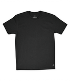 Photo of a flat black soft t-shirt with a white "THE LOMAS BRAND" written in a stylized circle on the lower left of the shirt. The shirt is blank otherwise. 