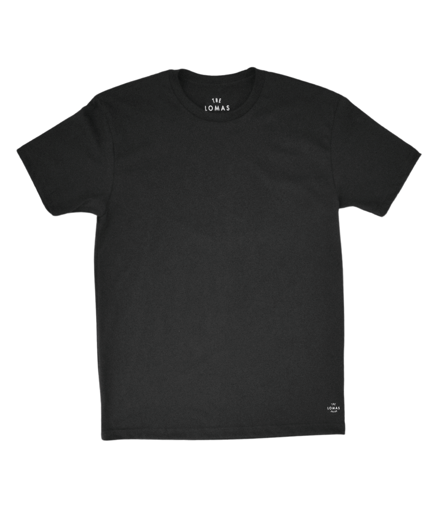 Photo of a flat black soft t-shirt with a white "THE LOMAS BRAND" written in a stylized circle on the lower left of the shirt. The shirt is blank otherwise. 