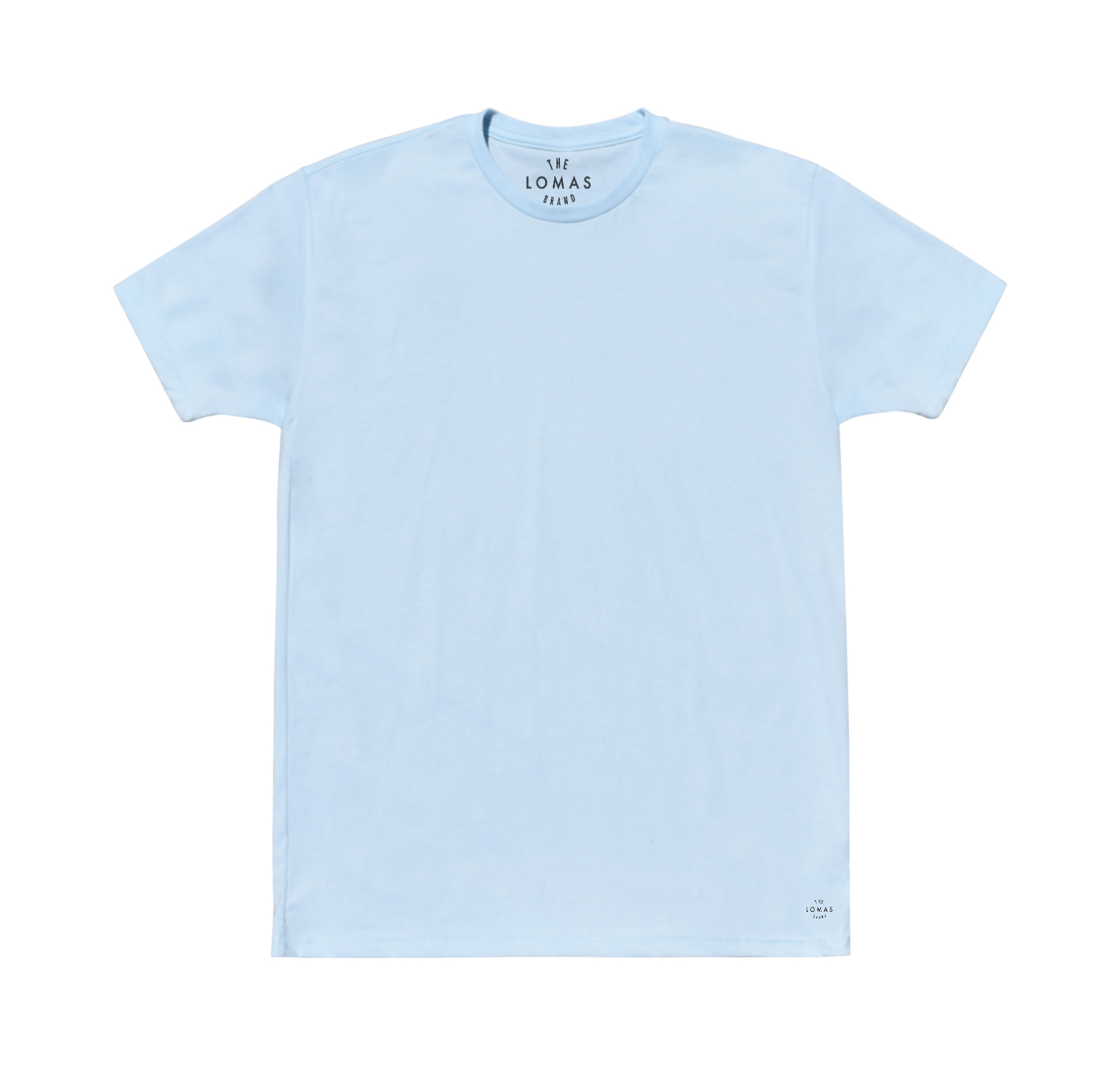 Photo of a flat blue soft t-shirt with a black "THE LOMAS BRAND" written in a stylized circle on the lower left of the shirt. The shirt is blank otherwise. 