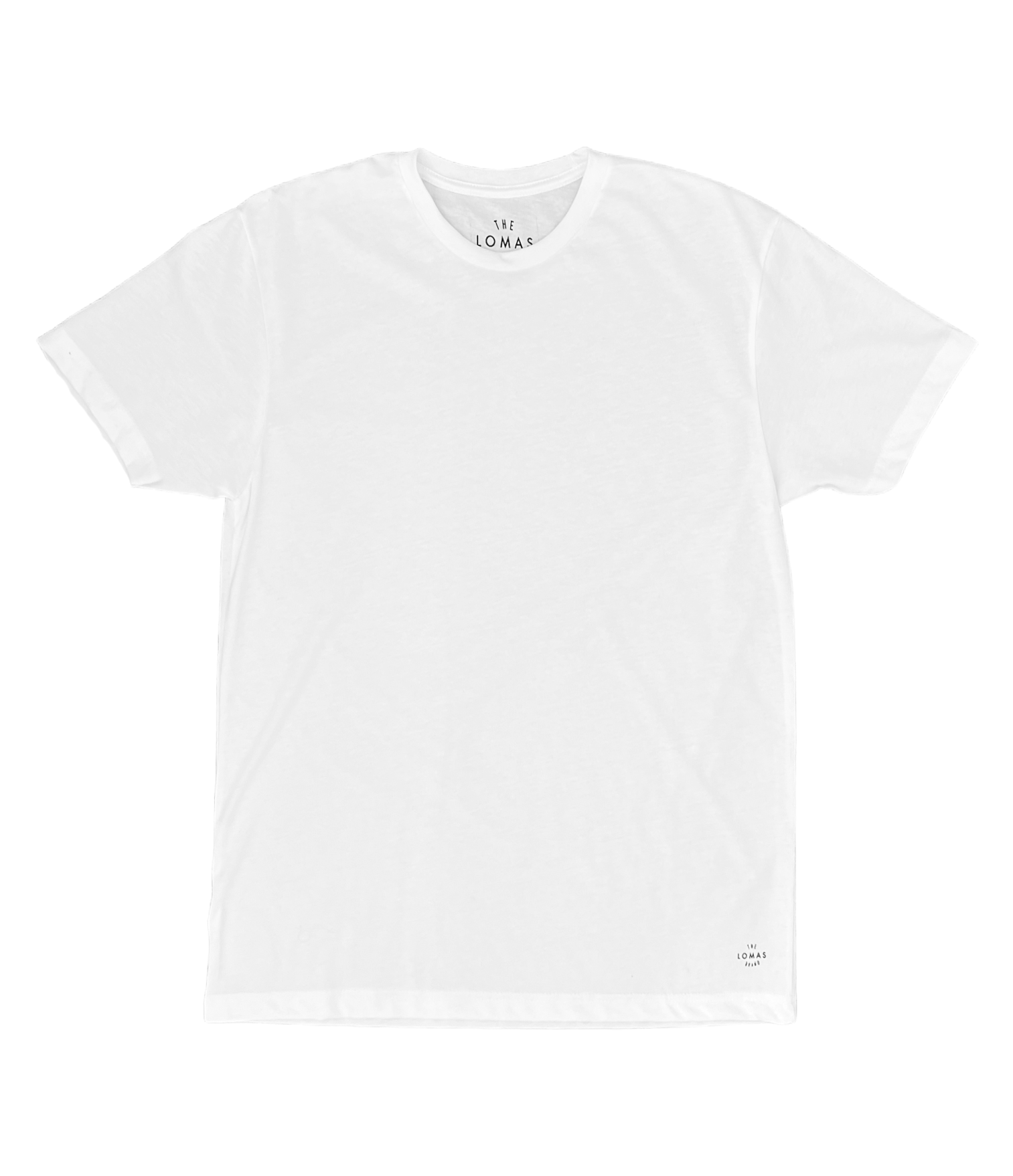 Photo of a flat white soft t-shirt with a black "THE LOMAS BRAND" written in a stylized circle on the lower left of the shirt. The shirt is blank otherwise. 