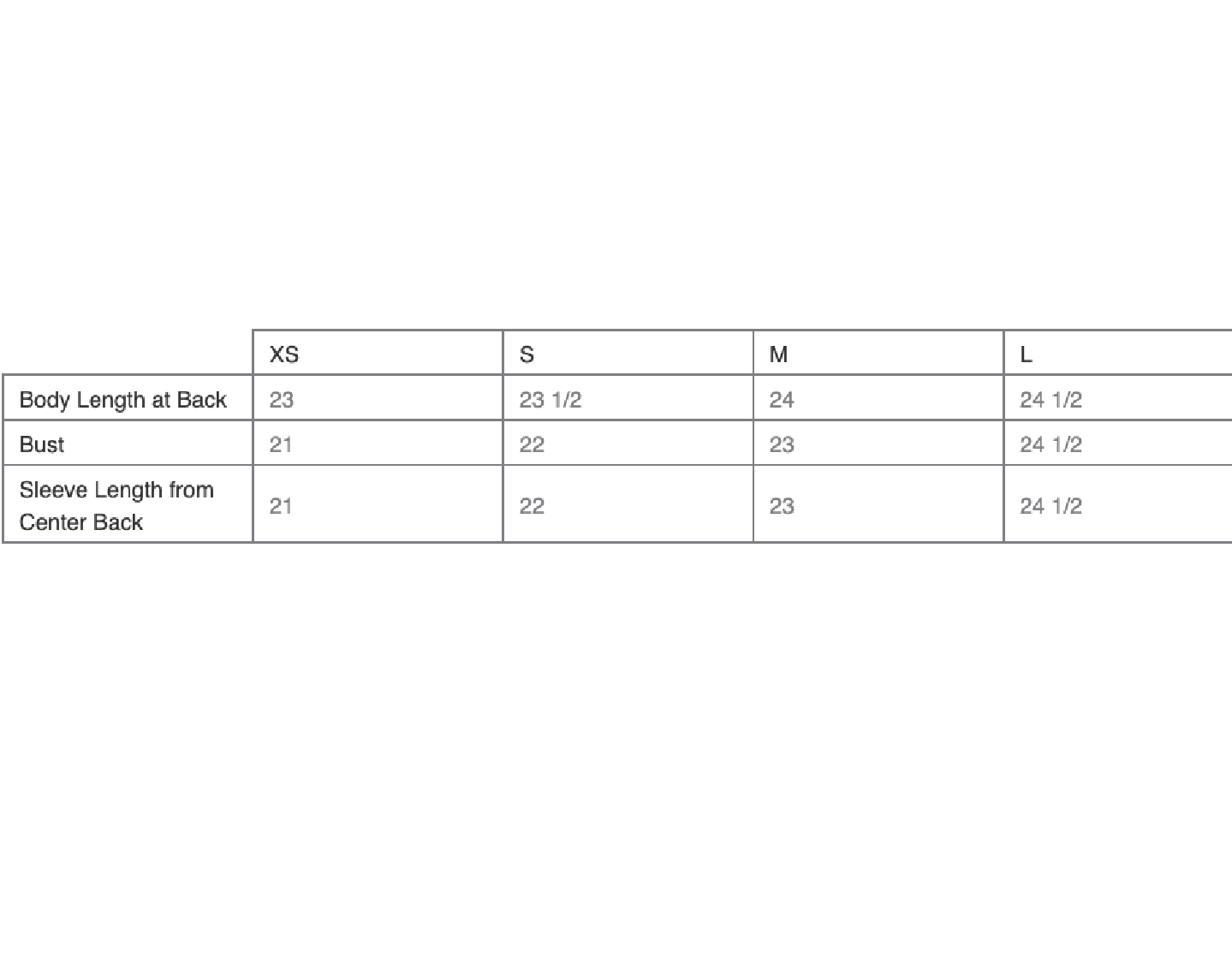 Sizing chart for a cardigan sweater. The sizes show XS, S, M, and L, using the measurements of body length at back, bust, and sleeve length from center back.