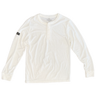 White long-sleeved shirt laid flat. It has a henley-style neckline with a few buttons. The Lomas Brand is shown as the tag, and a black patch is sewn on the right sleeve.