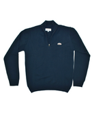 Navy blue quarter-zip sweater or pullover with a small embroidered logo patch on the chest. The logo features a sun, mountains, and cactus design. The sweater is laid flat against a white background.