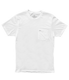 Flat photo of a white pocket t-shirt. The pocket has LOMAS written in black on the hem of the pocket in a minimal look. 