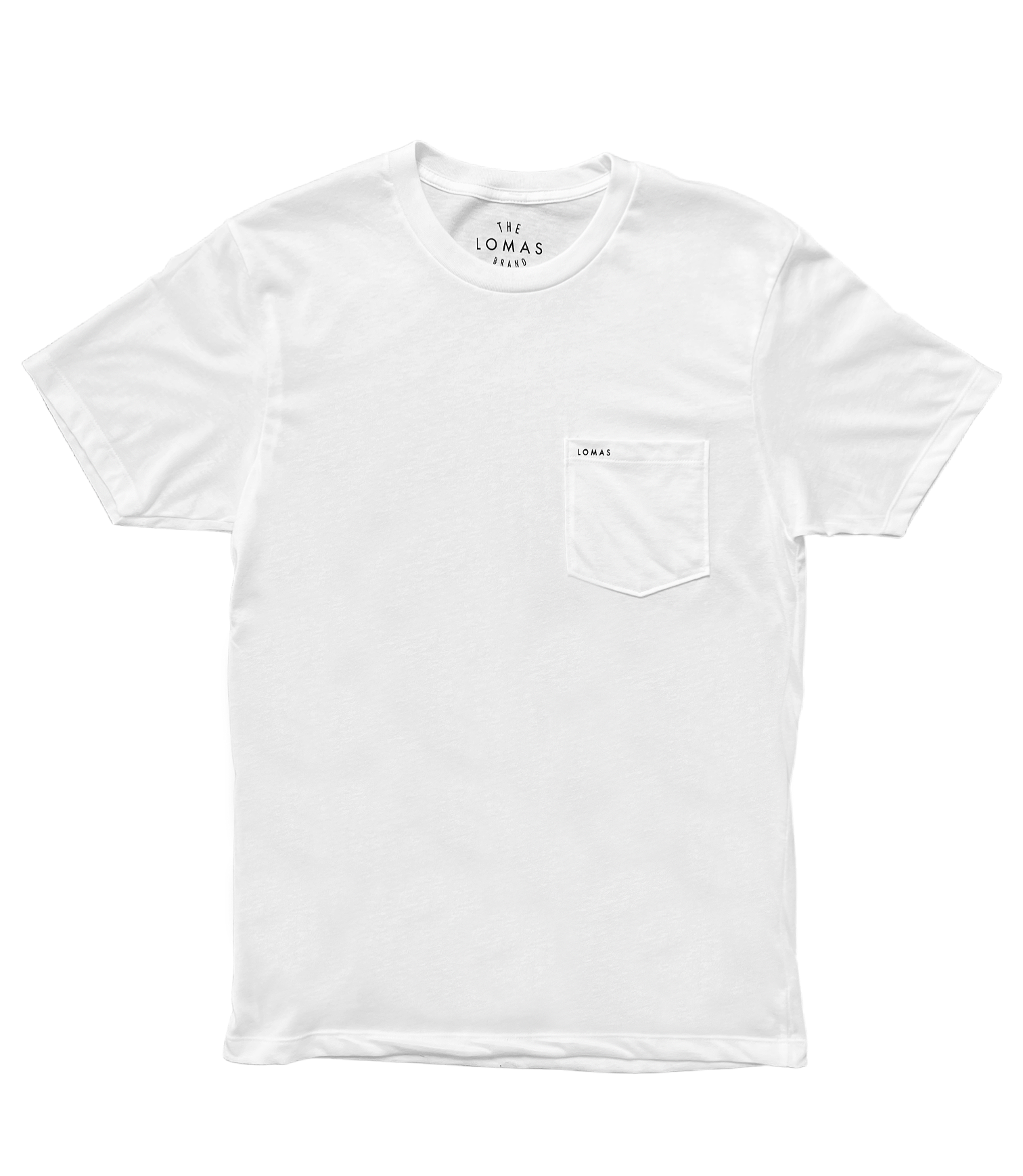 Flat photo of a white pocket t-shirt. The pocket has LOMAS written in black on the hem of the pocket in a minimal look. 