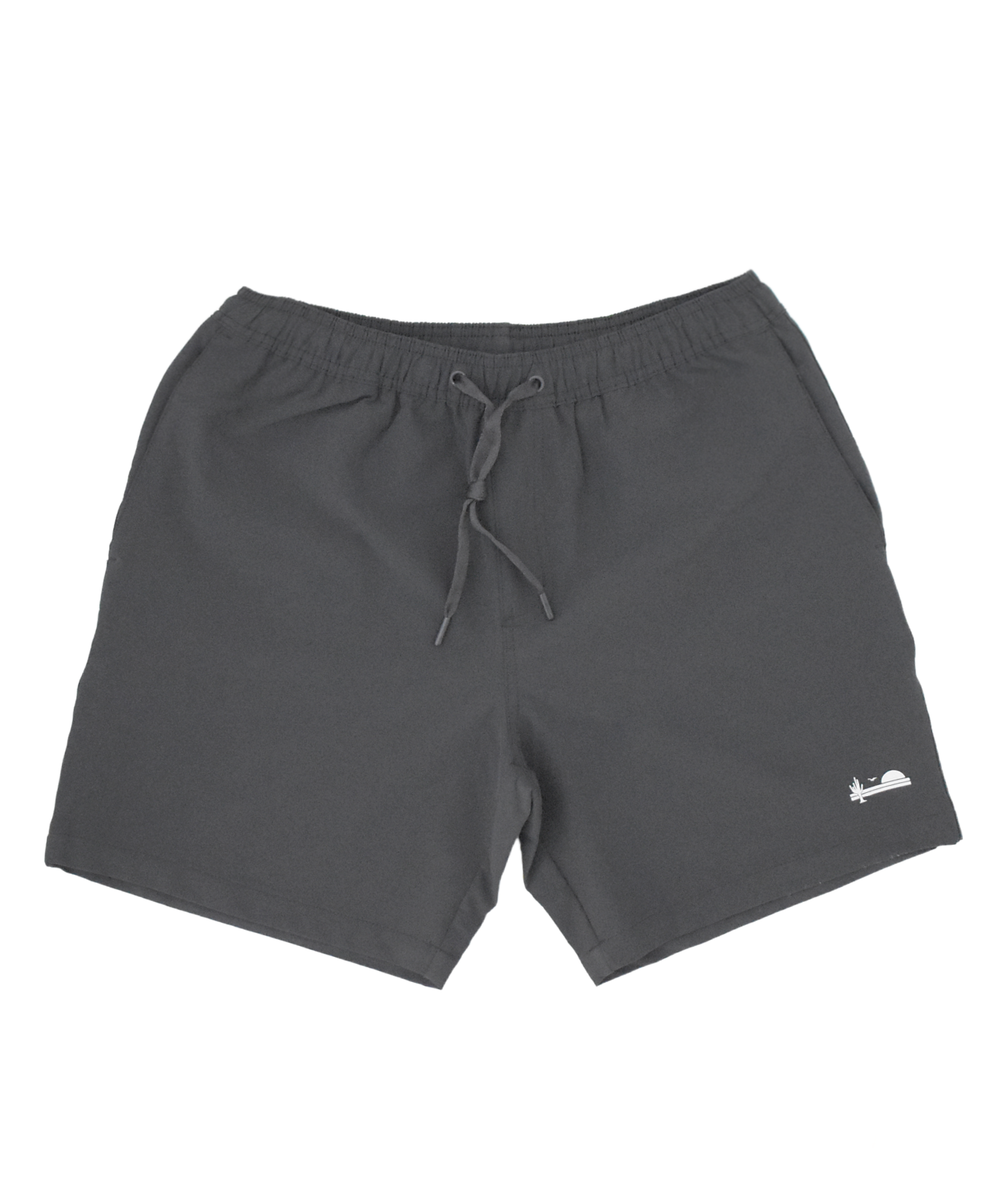 Luxuriously weighty yet stretchy, these men's obsidian shorts provide a hybrid feel. The front of the shorts have a drawstring and the lower left leg features The Lomas Brand logo in white. The logo has a saguaro cactus, bird, and a rising sun.