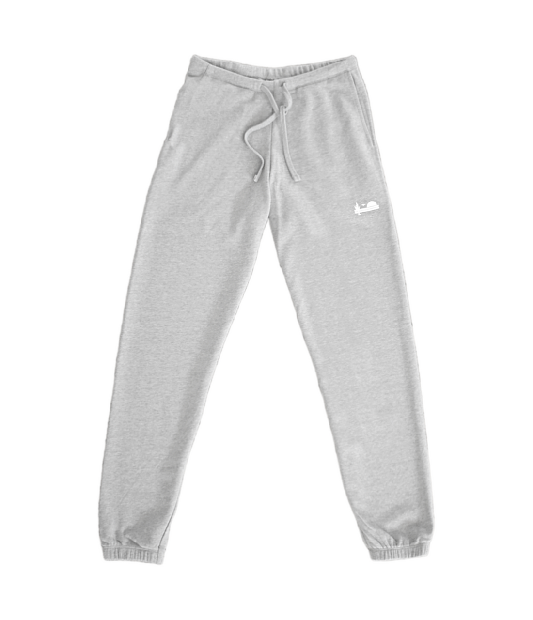 Incredibly soft grey sweatpants. The elastic on the bottom gives them the jogger feel. A thick drawstring on the top ensures a comfortable fit. The left side of the sweats features The Lomas Brand logo in white. The logo has a saguaro cactus, bird, and a rising sun.