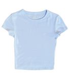 Soft and fitted sky blue short sleeve t-shirt laid flat. It has "THE LOMAS BRAND" circular logo on the upper left chest, in white.