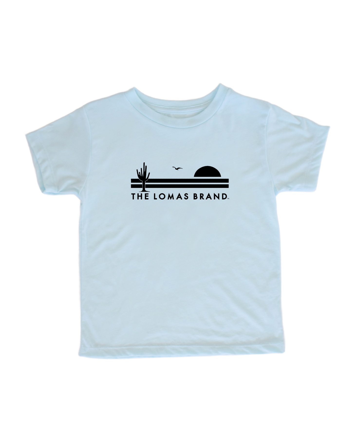 A sumptuous teal-hued tee for little ones, boasting a silky-smooth hand feel. Adorning the garment is a branded insignia portraying an upright saguaro with outstretched arms, an ascending bird, and a radiant sun, all depicted in a deep black shade. The text 'The Lomas Brand' is prominently displayed under the logo.