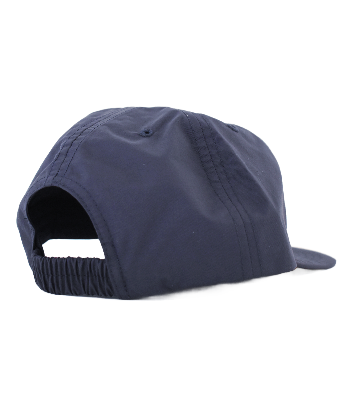 Back of a navy blue toddler sized trail cap featuring an elastic strap.