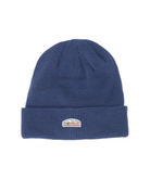 Navy blue knit beanie hat. It has a folded brim and a small patch on the front, with a saguaro cactus, a bird, and a rising sun. 