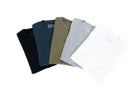 Assorted colored shirts (white, blue, army green, navy, grey, and black) laid flat on a white background. 