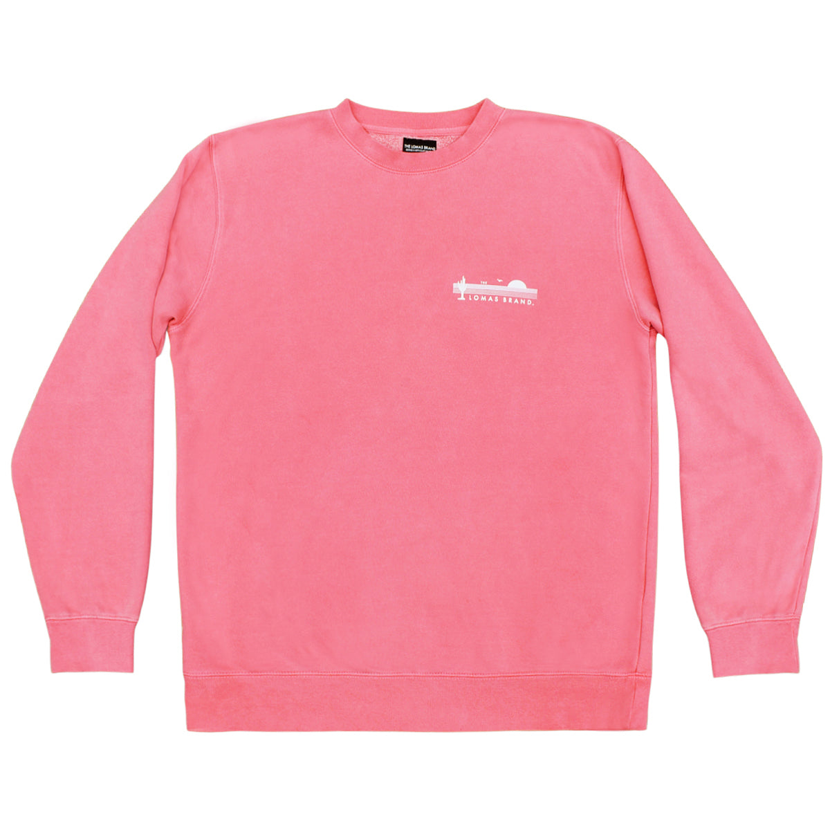 A salmon crewneck sweatshirt with a small white logo on the chest, laid flat against a white background.