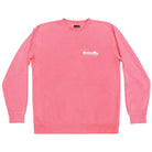 A salmon crewneck sweatshirt with a small white logo on the chest, laid flat against a white background.