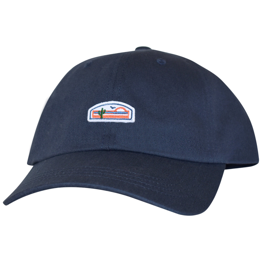 Navy blue baseball cap with a small embroidered logo on the front. The logo features a sun, mountains, and cactus design. The cap is photographed at an angle against a white background.