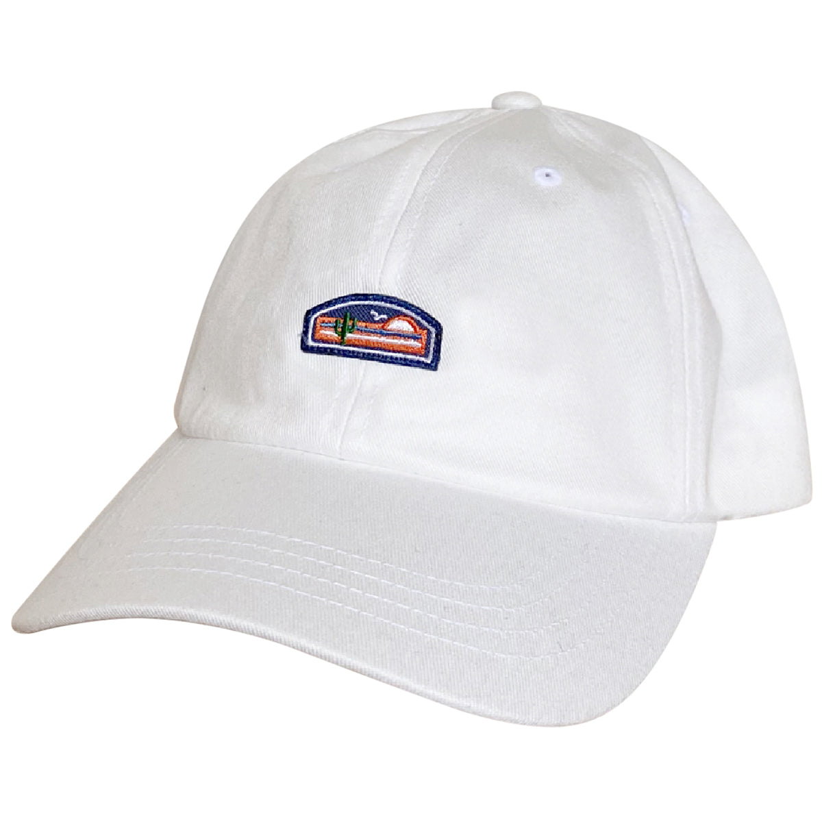 White baseball cap with a small embroidered logo on the front. The logo features a sun, mountains, and cactus design. The cap is photographed at an angle against a white background.