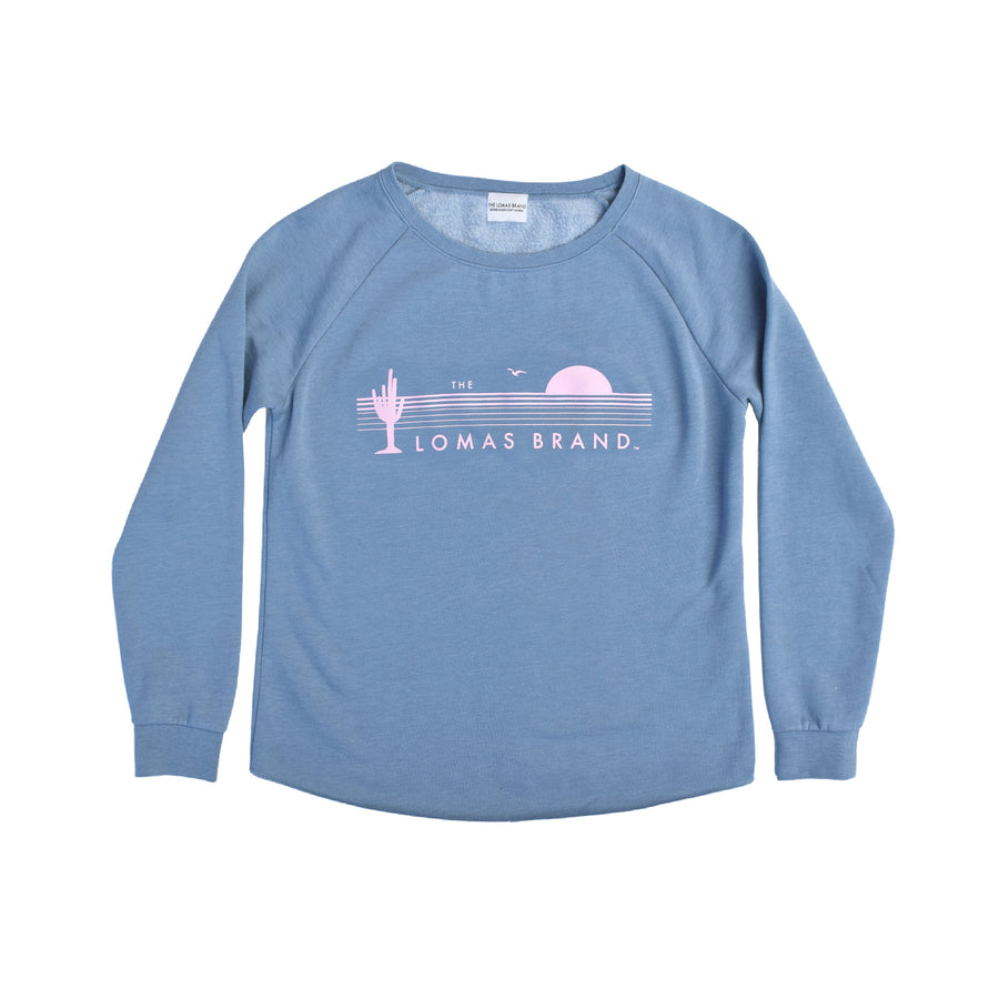 This seasons new take on the scoop neck pullover featuring our desert coast sunset logo in faint pink for a 90's retro type of style. Effortlessly pair with any jeans or leggings while snuggling in to this pullover's super soft, push fleece lining.     