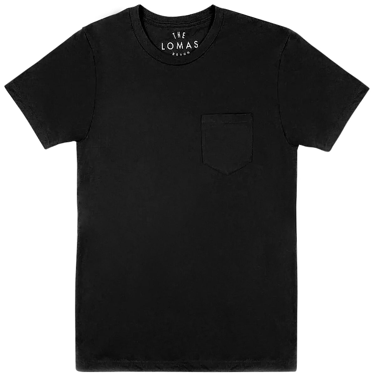 Flat shot of a blank black pocket tee. "THE LOMAS BRAND" is printed as a tag on the inside back collar, in white.