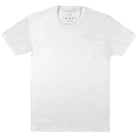 Flat shot of a blank white pocket tee. "THE LOMAS BRAND" is printed as a tag on the inside back collar, in grey.