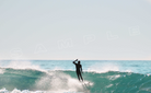 A silhouette of a surfer riding a large wave, with water spraying behind them. The ocean and sky are visible in the background. The word "SAMPLE" is overlaid on the image.