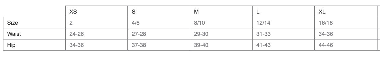 Sizing chart for jogger pants. The sizes are XS, S, M, L, and XL. They use size, waist, and hip to find the measurements. 