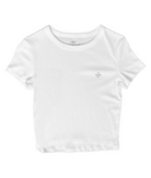 Soft and fitted white short sleeve t-shirt laid flat. It has "THE LOMAS BRAND" circular logo on the upper left chest, in black.