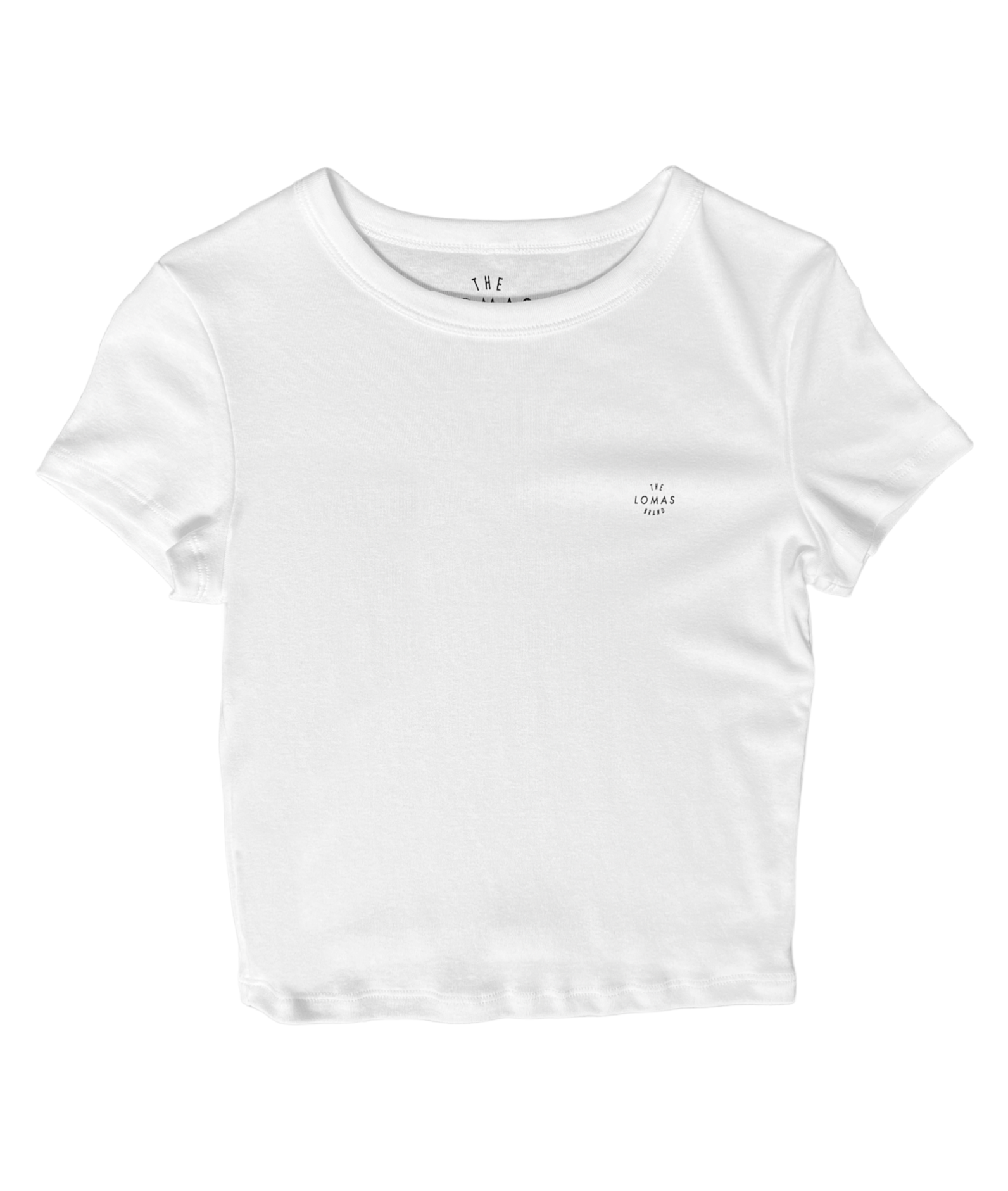 Soft and fitted white short sleeve t-shirt laid flat. It has "THE LOMAS BRAND" circular logo on the upper left chest, in black.