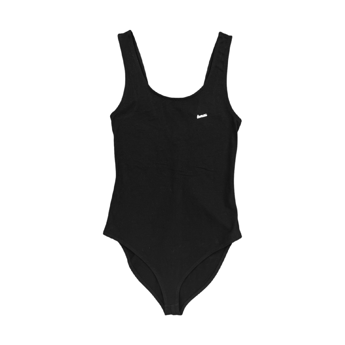 Flat shot of a black bodysuit. The piece has a small "LOMAS" design in white cursive script.