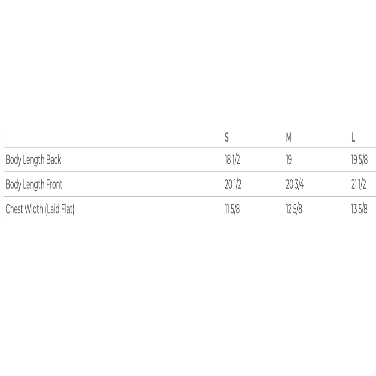 Chart displaying sizes for a bodysuit. It measures small, medium, and large sizes based on back and front lengths as well as chest width. 